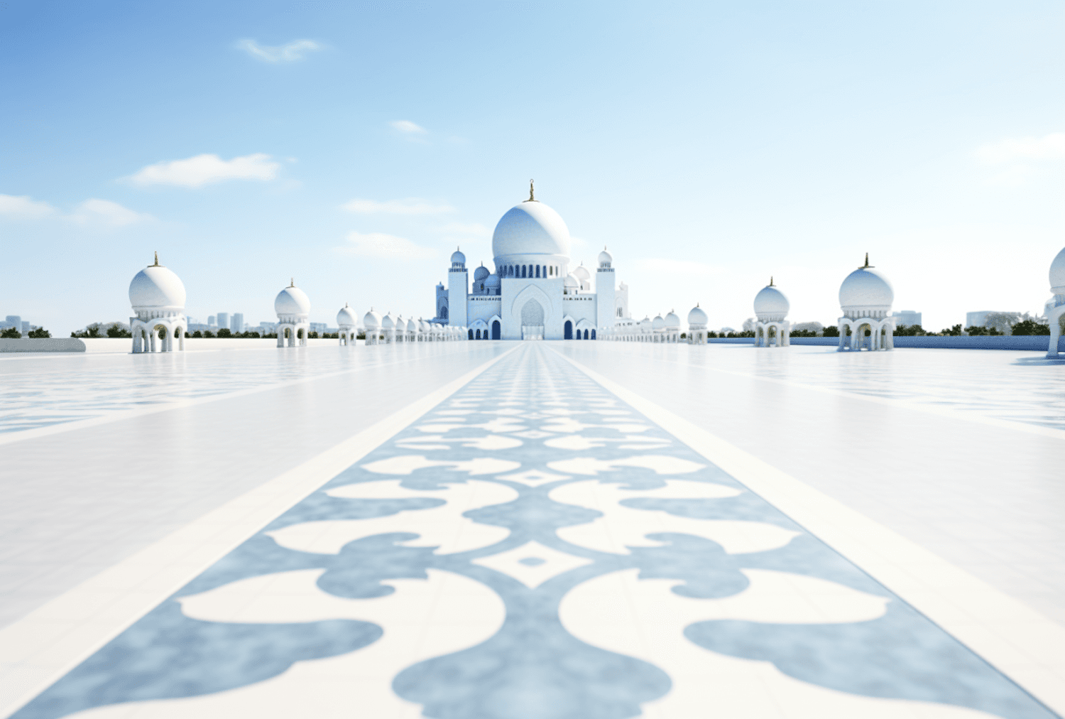 Weiße Moschee mit Kuppeln unter blauem Himmel