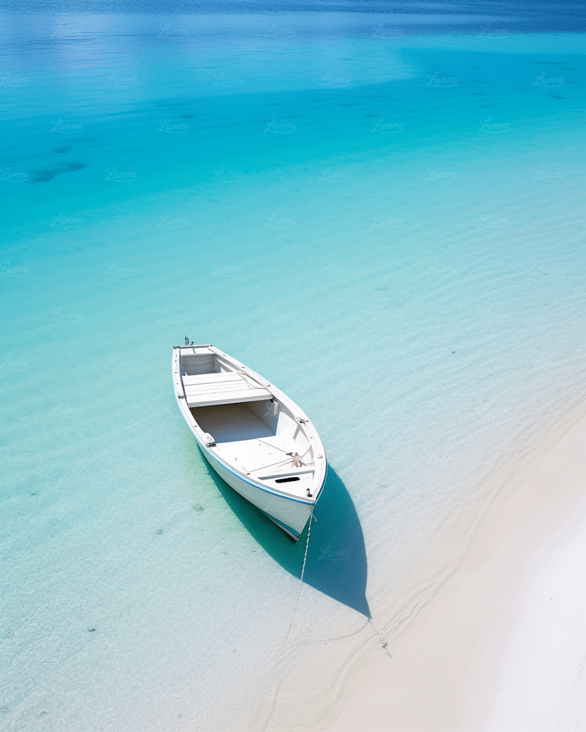 Weißes Boot vor einem Strand mit klarem Wasser
